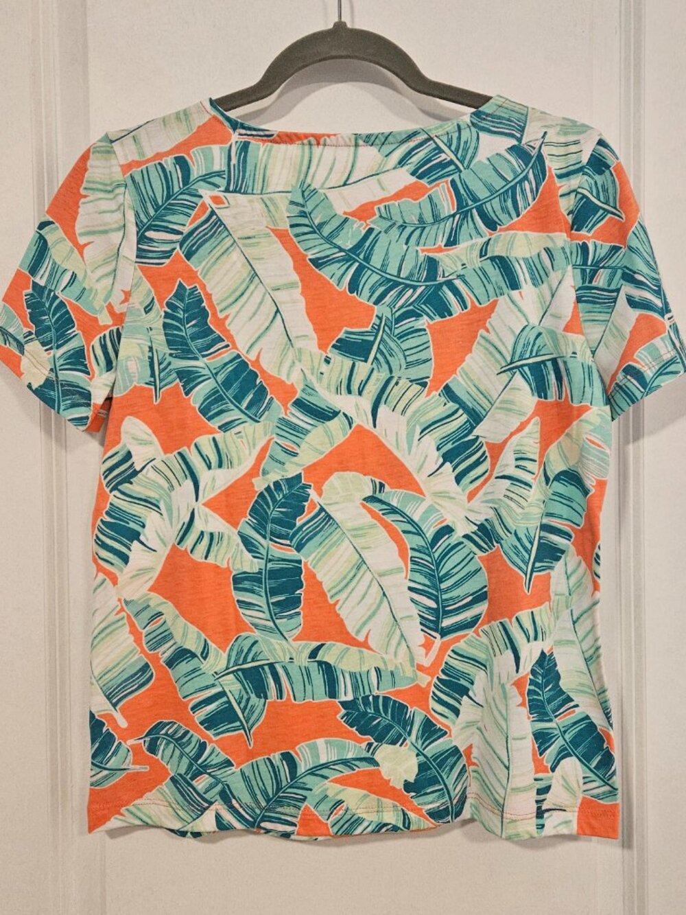 Coral Bay Petite Small Tropical Palm Leaf Tee Coral Aqua PS - Picture 2 of 5
